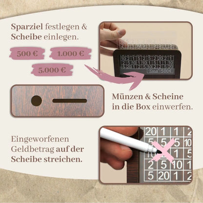 Sparbox aus Holz (3 Sparziele)