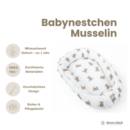 Babynestchen Musselin Teddybär – Weicher Baby-Kokon