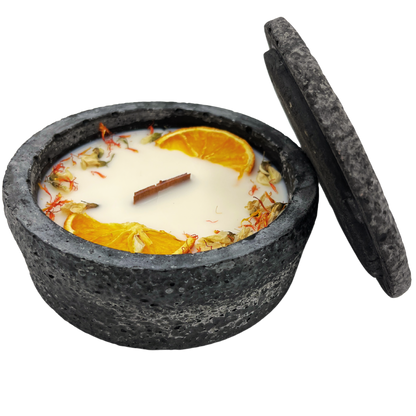 HANDGEMACHTE Citronella BETONKERZE Schwarz - Stilvolle Sojawachskerze für Ihr Zuhause. Outdoor Kerze mit Blütenverzierung und HOCHWERTIGEM Holzdocht aus dem Südschwarzwald