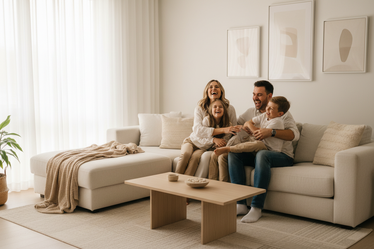 Familie verbringt gemeinsam Quality Time im Wohnzimmer