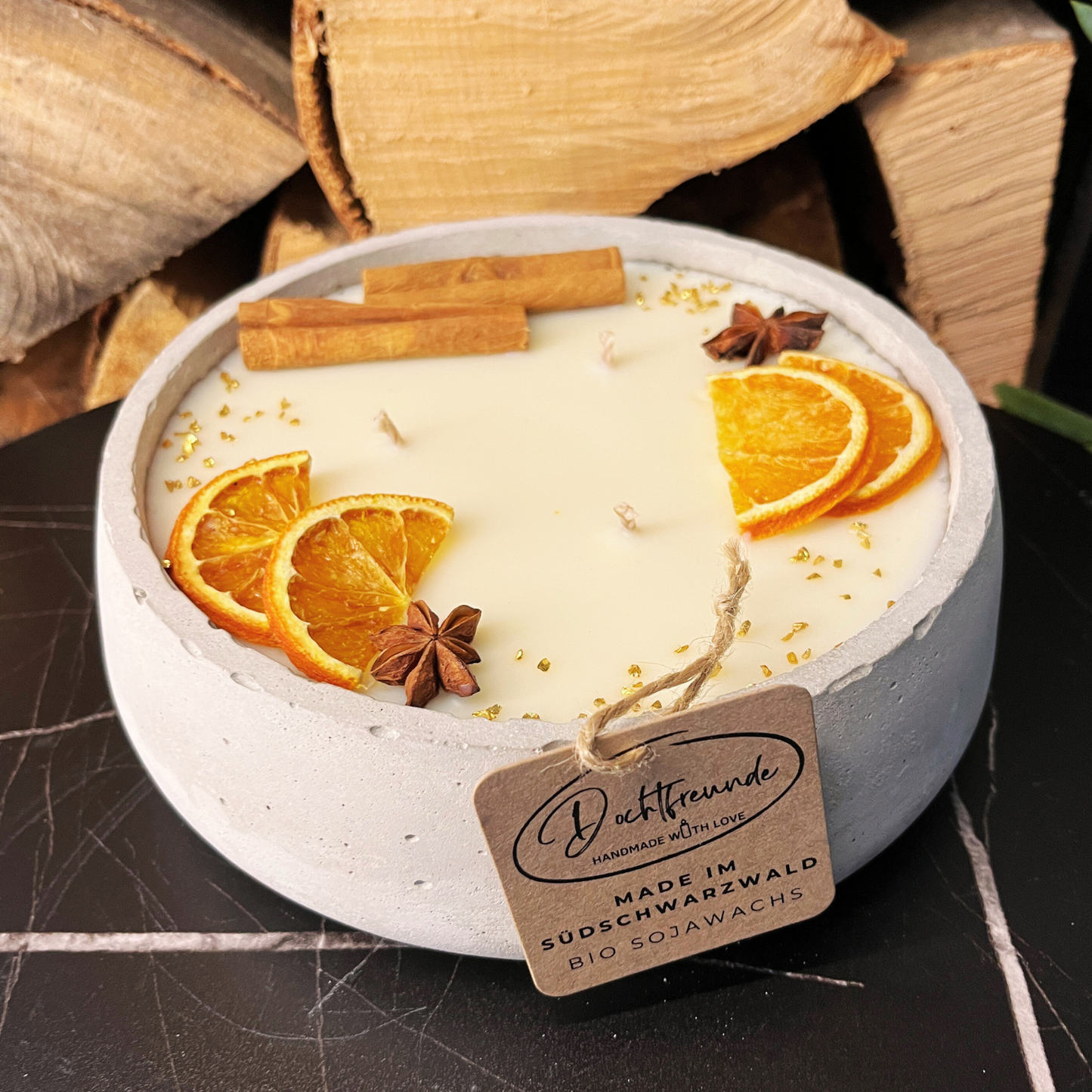 Handgemachte Betonkerze "Big Grey" 3x Baumwolldocht mit Duft Vanilla Toffee von DochtFreunde