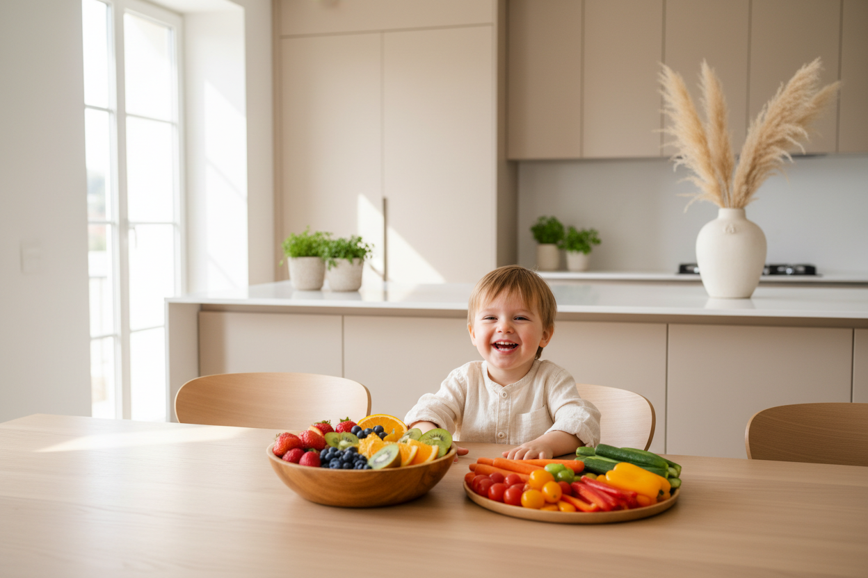 Kind isst gesunde Ernährung mit frischem Obst und Gemüse