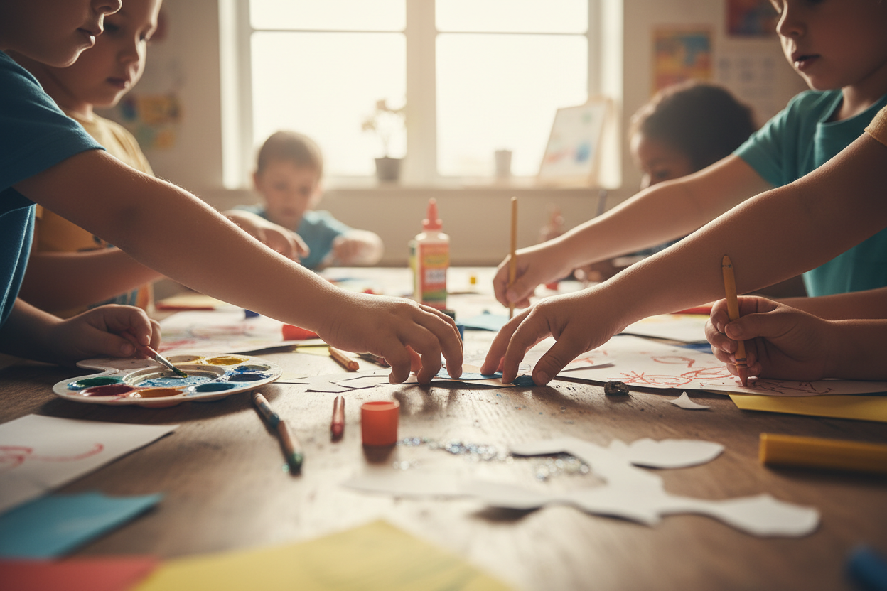 Kinderhände bei kreativer Zusammenarbeit