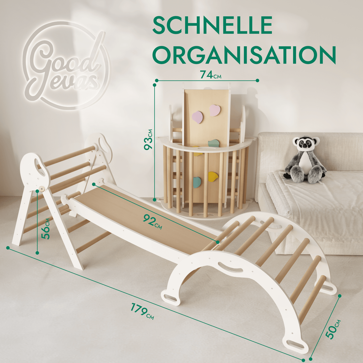 Montessori 4in1 Kletterdreieck für Babys: Pikler-Dreieck, Kletterbogen, Rutschbrett und Kissen für Kleinkinder (1–3 Jahre)