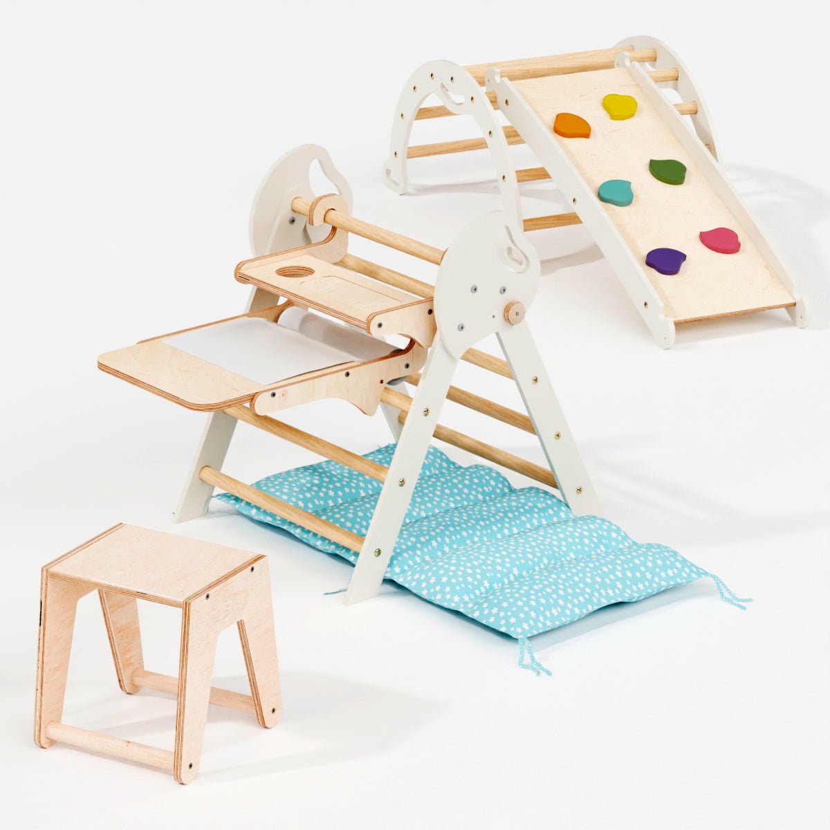 Montessori 4in1 Kletterdreieck für Babys: Pikler-Dreieck, Kletterbogen, Rutschbrett und Kissen für Kleinkinder (1–3 Jahre)